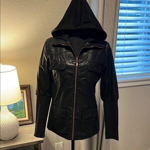 Black Faux Leather Jacket with hoodie and Fitted Silhouette
